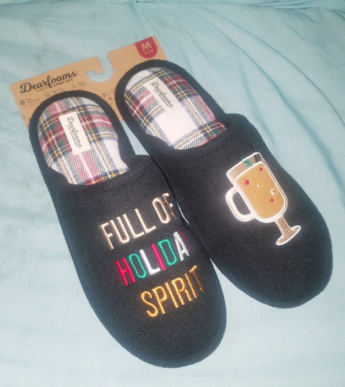 Black Mens Dearfoams Christmas Holiday Spirit Slippers Scuffs House Shoes Size M