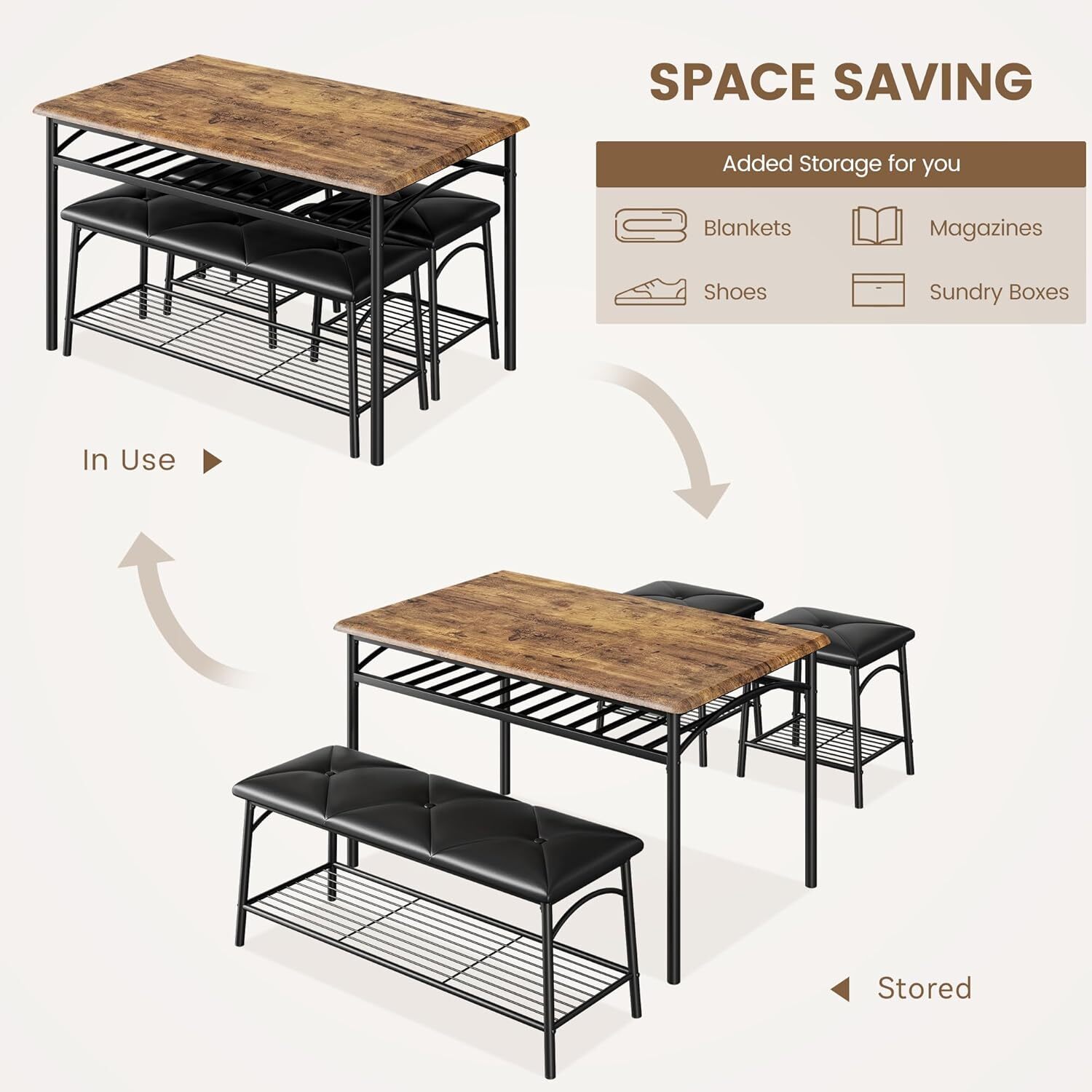 Wooden Dining Table Set for 4 Kitchen Table Set with Bench and Stools & Storage