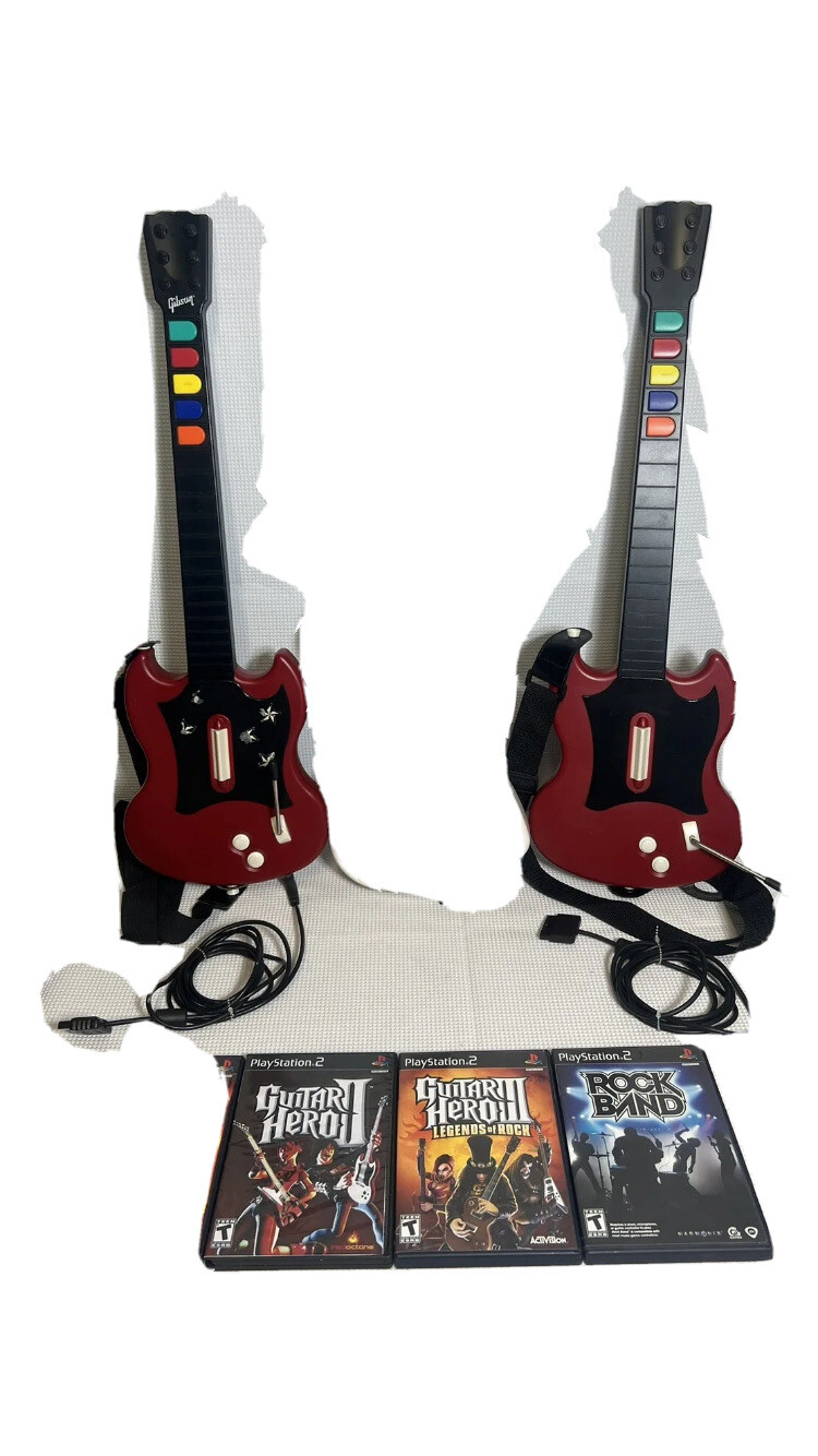 PS2 Guitar Hero Bundle 2x Lot W Straps 3 Games PlayStation Set Tested Rock Band!
