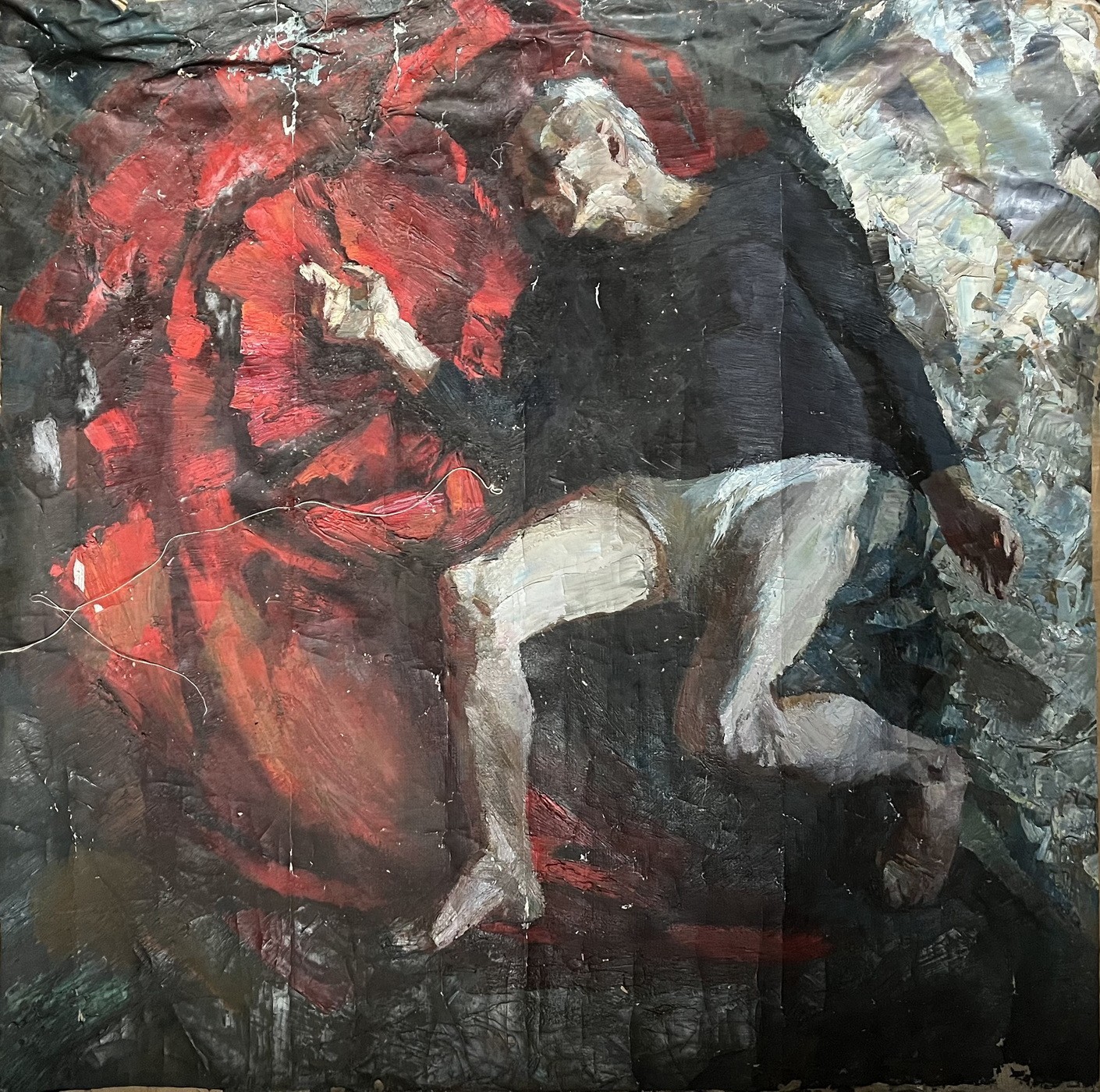 Old Big OIL Canvas Hand PAINTING/Old Man on Red and White/Realism Vintage 41"=1m