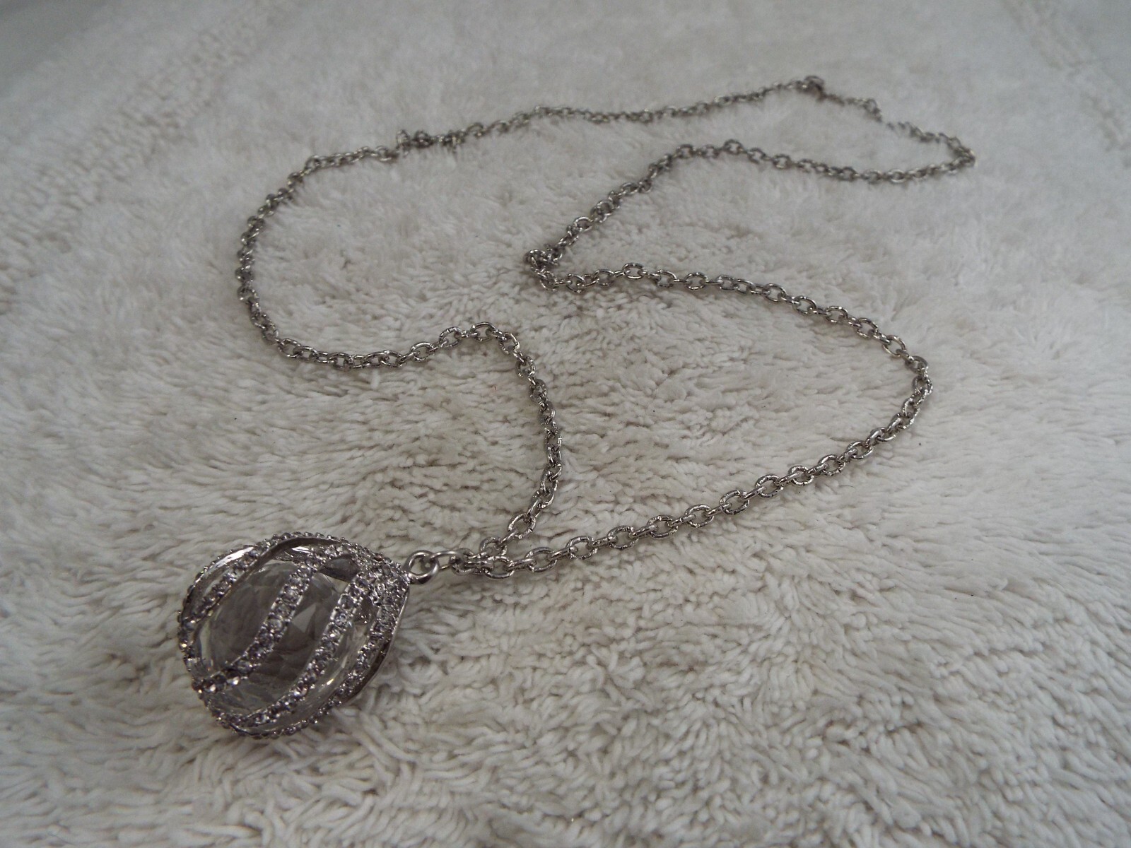 Silvertone Rhinestone Egg Pendant Necklace (A52)