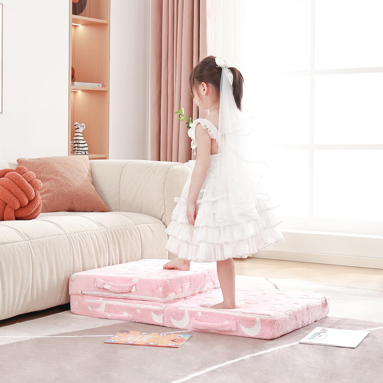 Foldable Floor Mattress for , Glow in The Dark Pink Moon Washable Tri Folding...