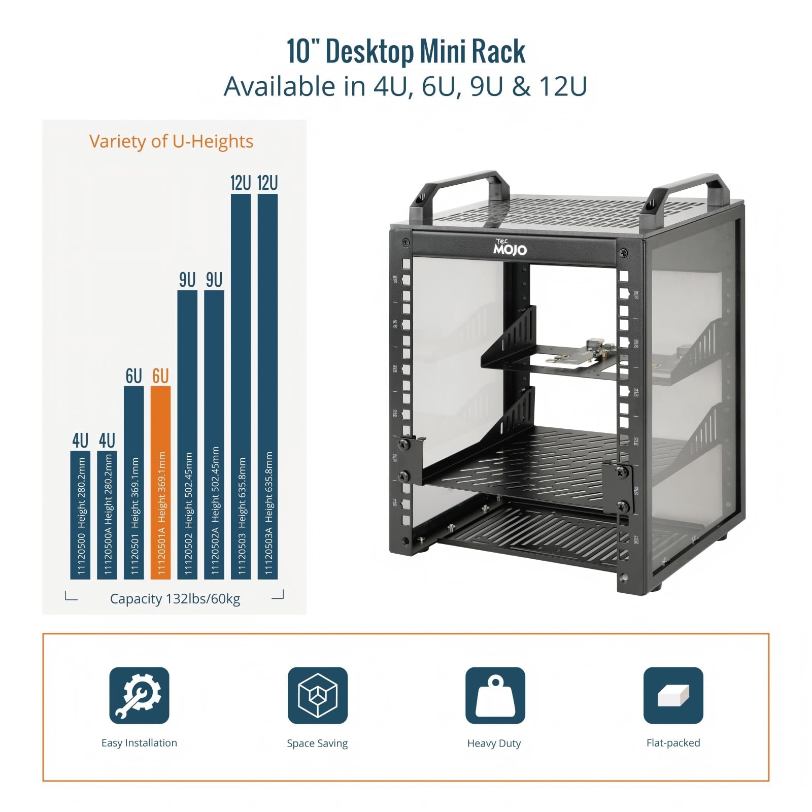 Compact 6U Mini Network Rack with Translucent Panels & Handles, Black