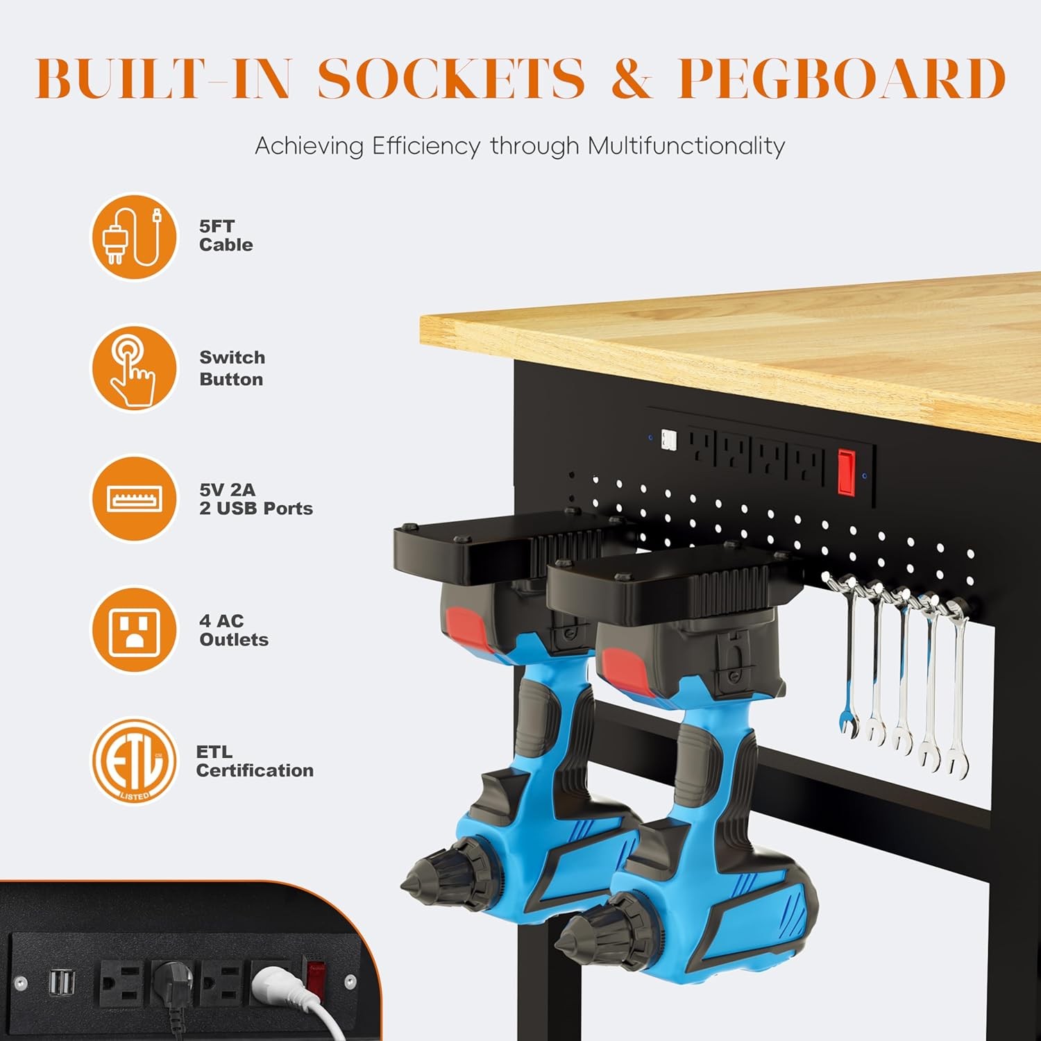 60" Heavy Duty Adjustable Workbench with Large Pegboard & LED Light, Adjustable