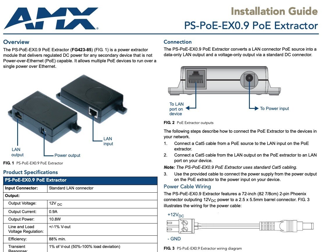 AMX PS-POE-EX0.9 FG423-85 PS-POE-EX 0.9 PoE Extractor for Novara 3000 Controller