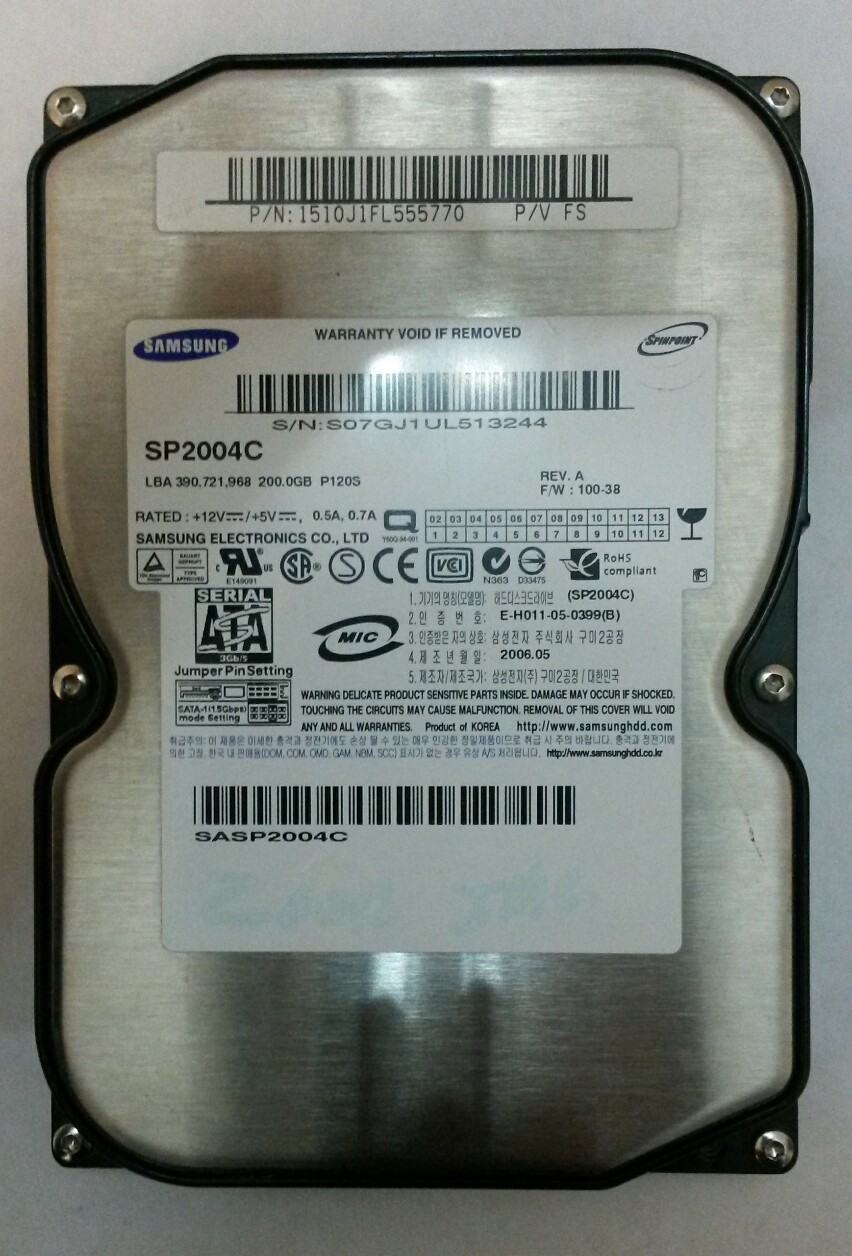 SAMSUNG SP2004C 200GB SATA Drive  P/N:1510J1FL555770 REV.A F/W:100-38