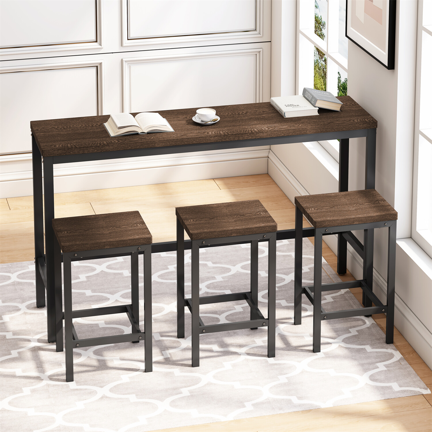 4 Piece Dining Table Set Table with 3 Stools Kitchen Breakfast Furniture US