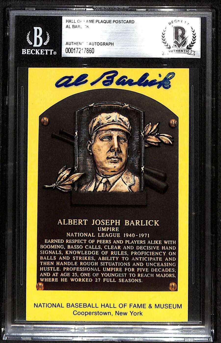 1964-Date Hall of Fame Plaque Al Barlick Cooperstown BGS Auto Autographed B93216