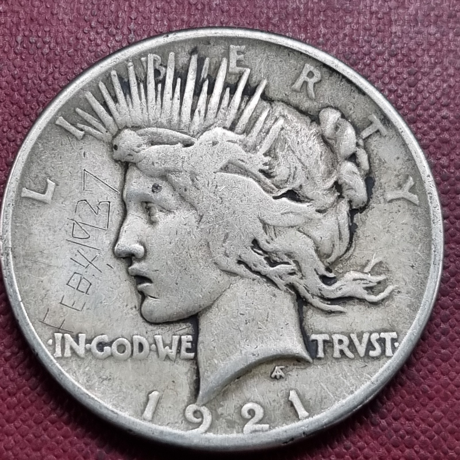 1921 Silver Peace Dollar 1$ Better Grade Engraved "FEB 4 1937" #99685