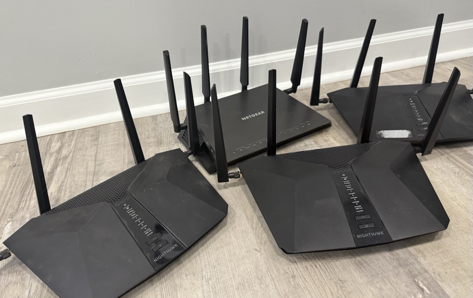 LOT of 4 NETGEAR Router (3 AX4200 Nighthawk) & (1 AC2600 Nighthawk) (4 Cords)