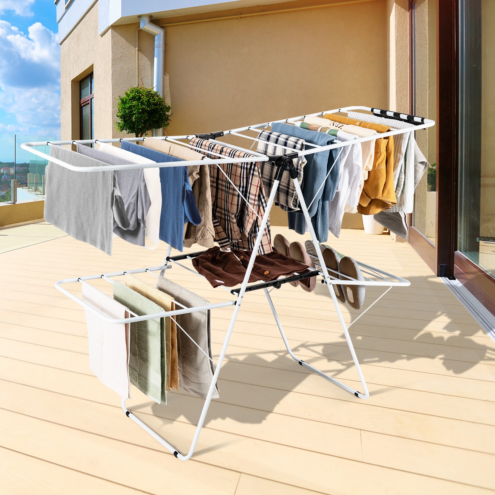 2-Tier Foldable Clothes Drying Rack 2-Level Garment Hanger w/Adjustable Gullwing