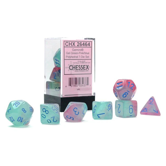 Chessex GeminiⓇ Gel™ Green-Pink Luminary™ Polyhedral Dice with Blue Numbers - Se