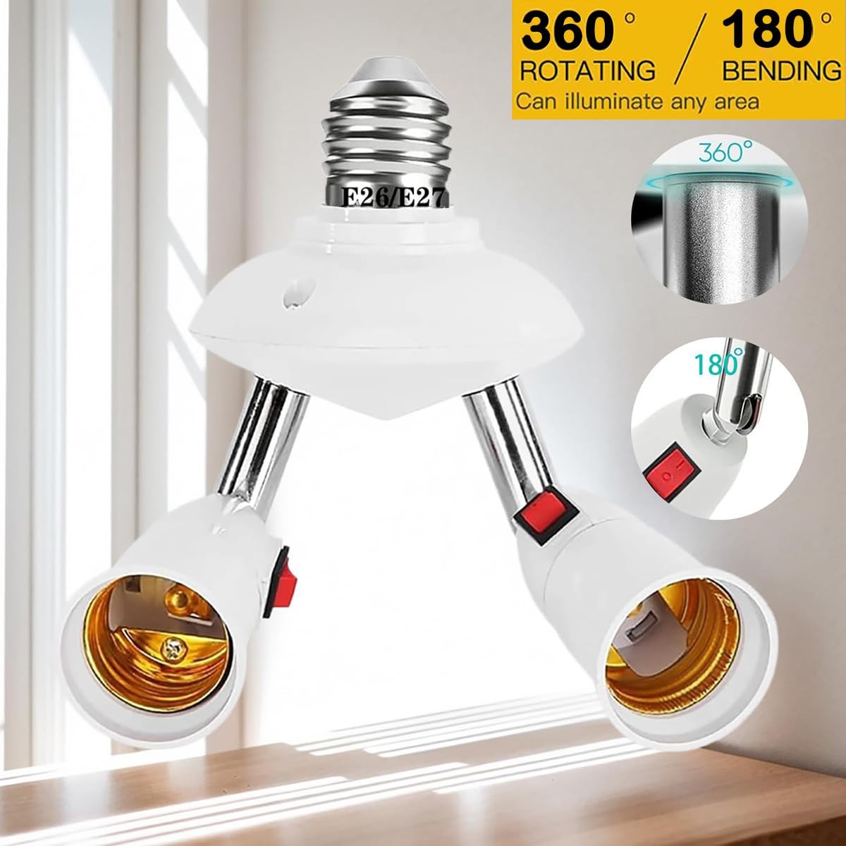 CLWHJ 360 Degrees Adjustable 2 in 1 E26/E27 Splitter Socket Adapter. White