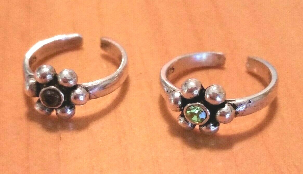 NEW STERLING SILVER 925 ADJUSTABLE TOE RING GREEN OR VIOLET CRYSTAL FLOWER BAND