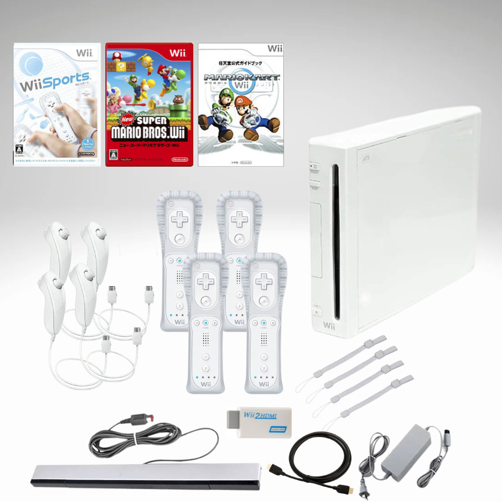Wii Console Set HDMI Plays US Games Wii Sports Mario Bros & Kart 1-4 Controllers