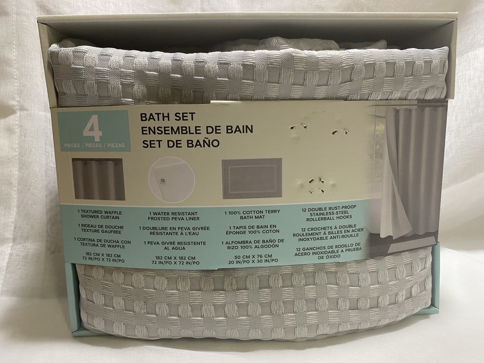 Shower Curtain 4 pc set-Waffle Textured curtain, Liner, Hooks, & Bath Mat - Gray