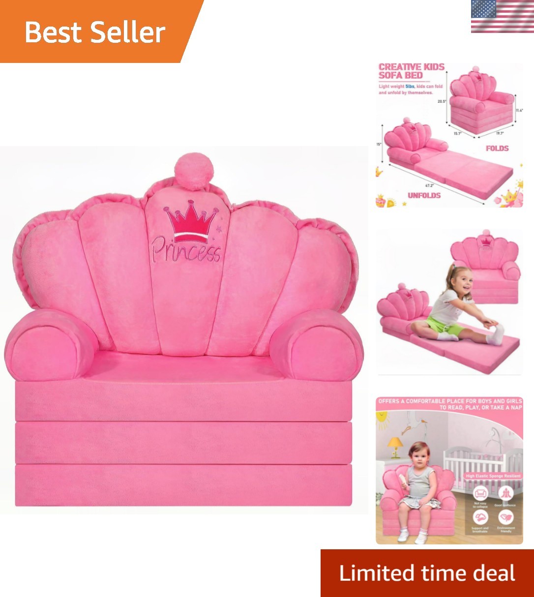 Pink Princess Toddler Couch Fold Out, 2-in-1 Foldable Sofa Bed & Chair for Ki...