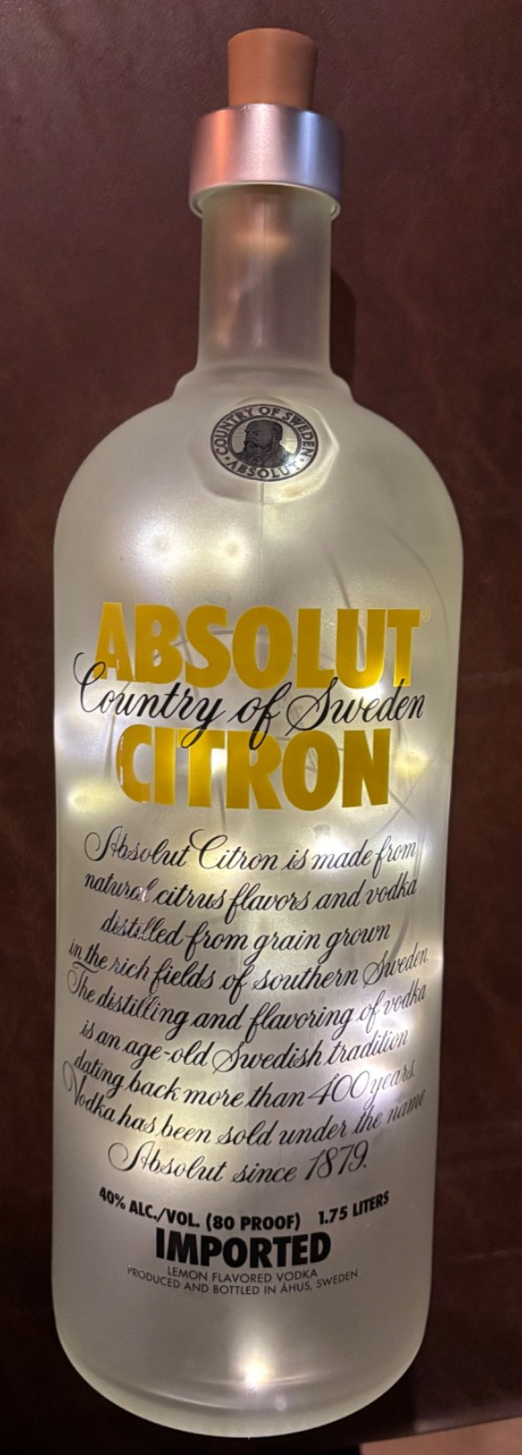 Frosted Absolut Citron Vodka Empty Bottle with Lights. Display