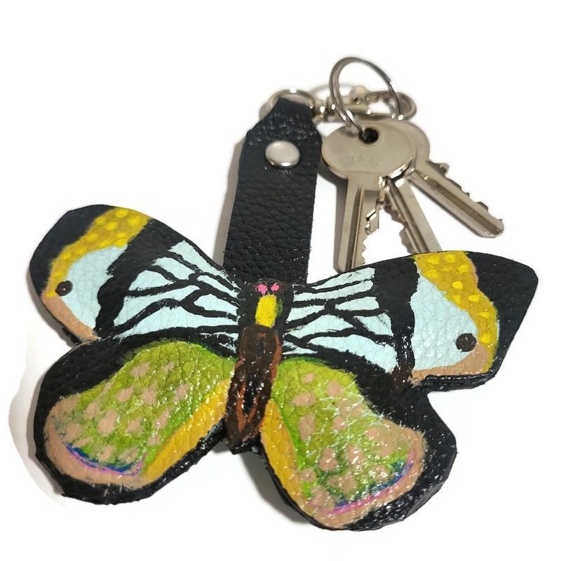 Butterfly leather keychain, blue, hand painted