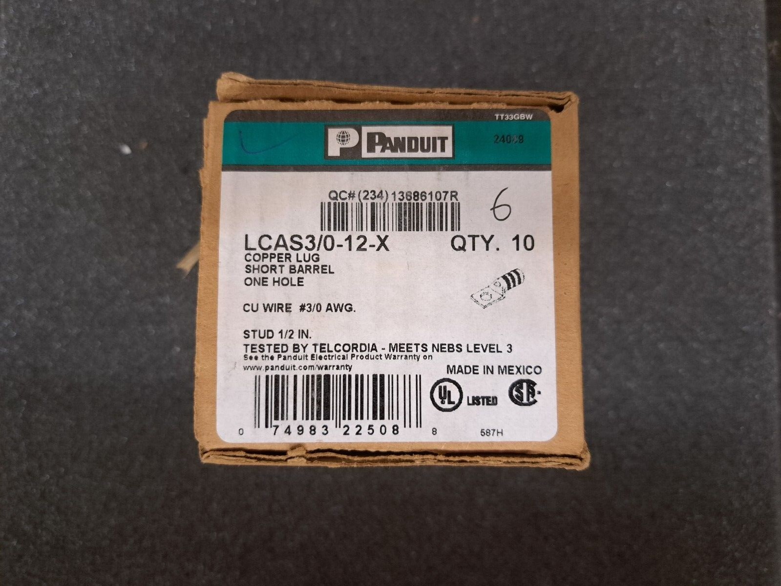 New, Panduit, LCAS3/0-12-X, CONN TERM RECT TONG 3/0 AWG #1/2