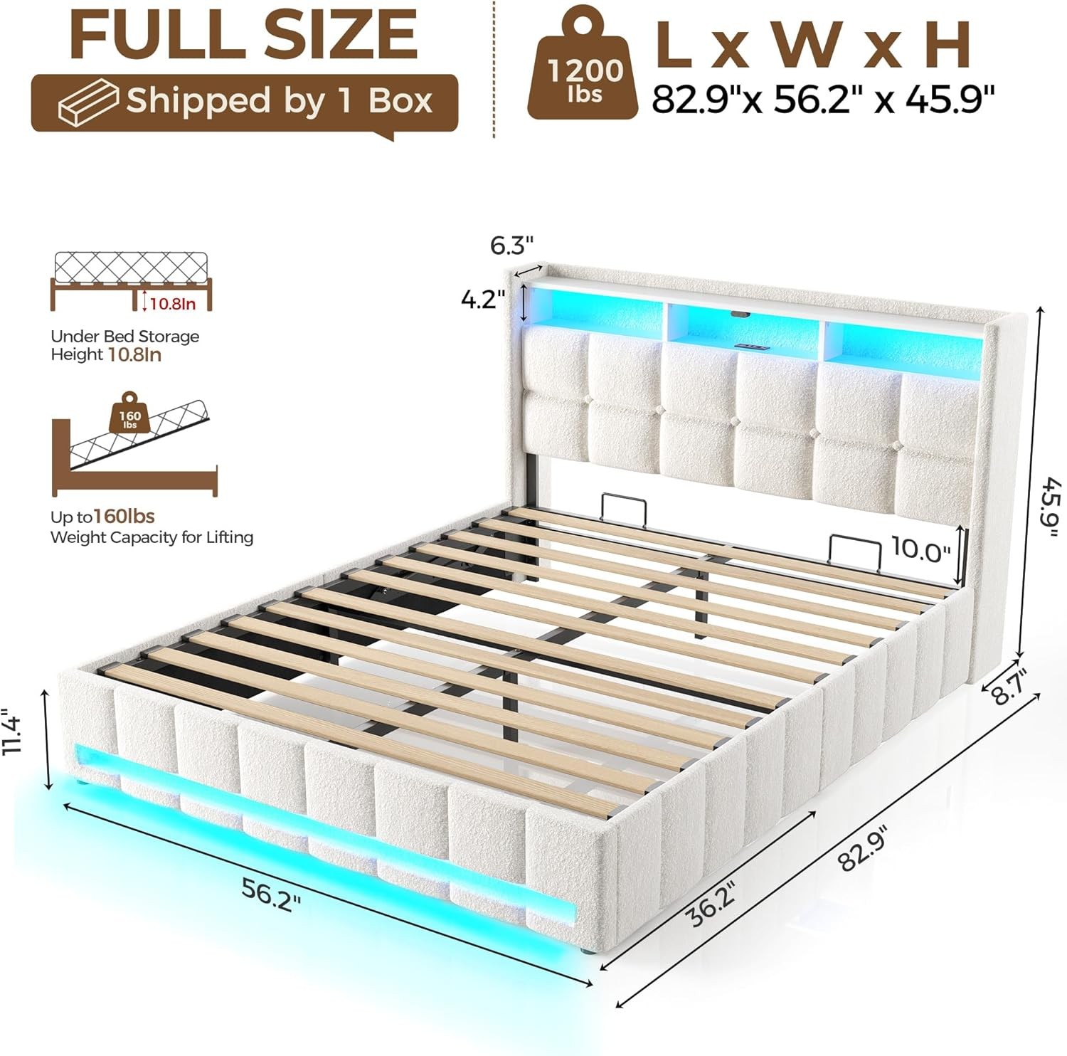 Rolanstar Full Bed Frame LED Lift Up Storage