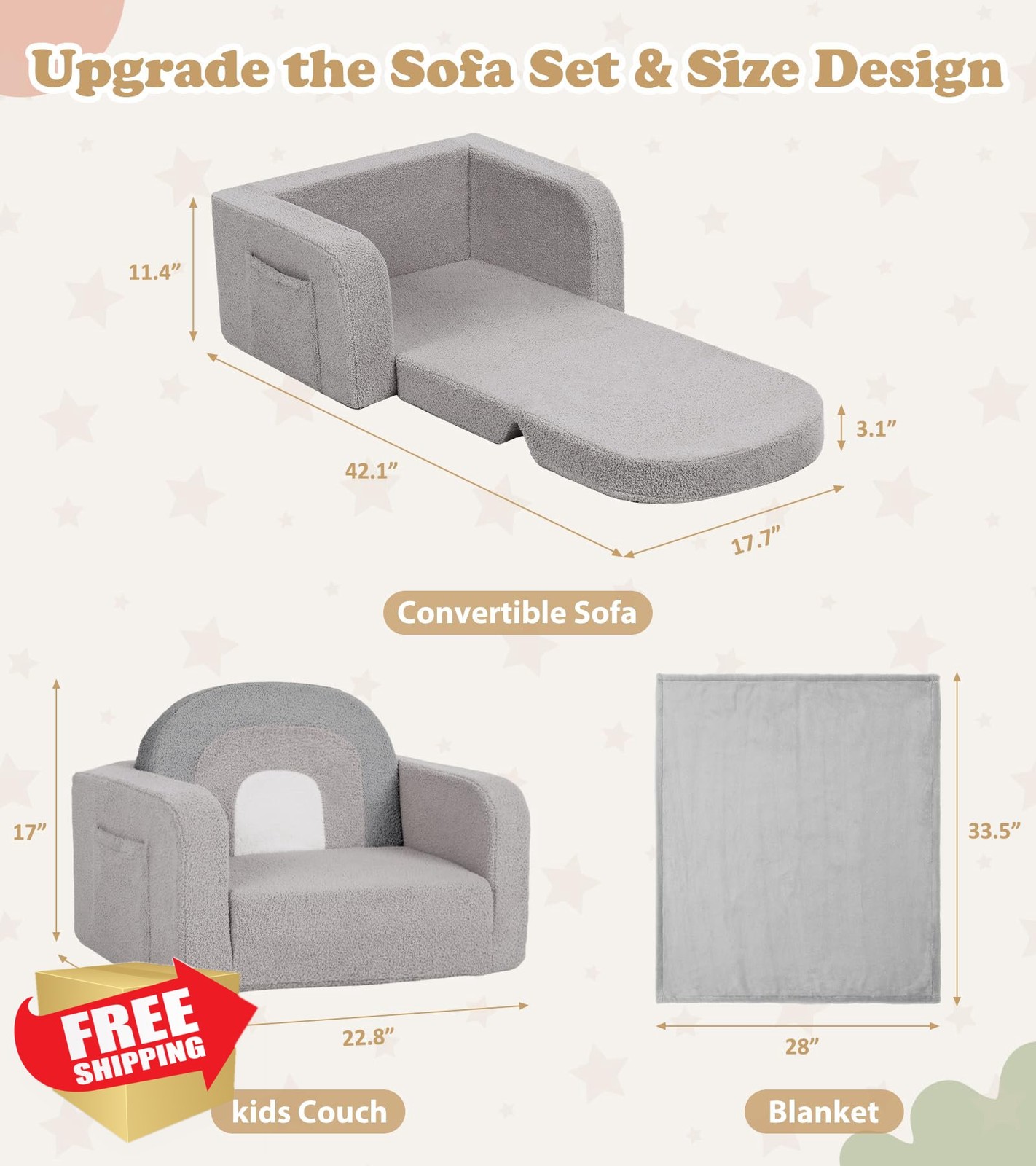 Foryoomi Kids Couch Medium Grey Rainbow 2-in-1 Toddler Chair Sofa