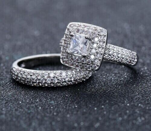 Silver Plated Ring 2 CT Simulated Diamond Bridal Ring Set November Gift Ring