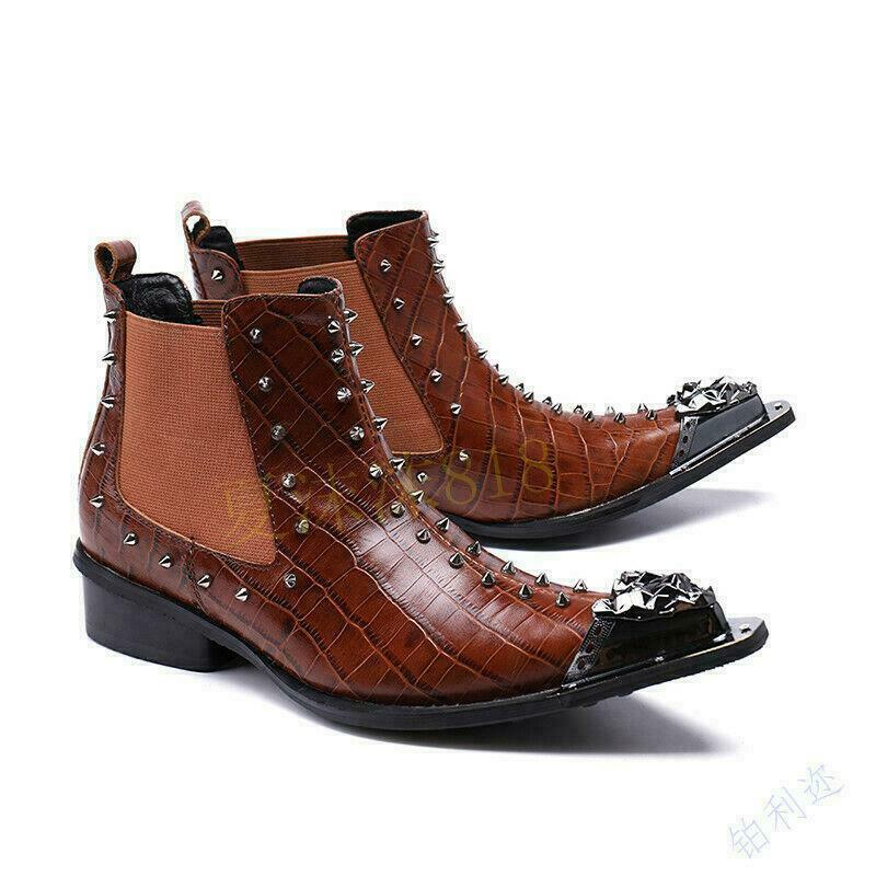 Mens Fashion Metal Heads Pointy Toe Rivet Chukka Casual Leather Ankle Boot Shoes