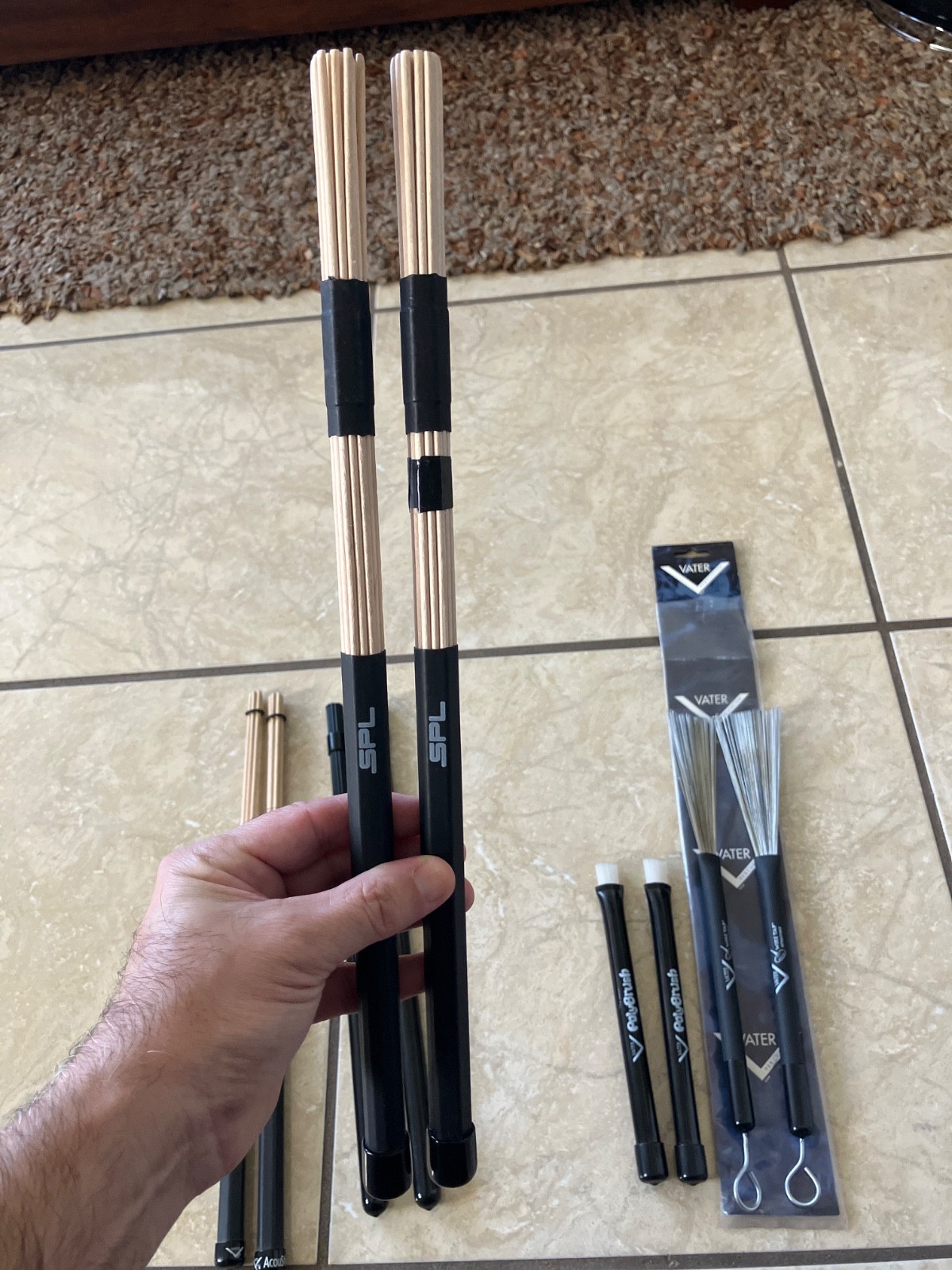 Lot of drum Vater Wire Tap, PolyBrush , whip, Acoustick, and SPL bamboo sticks