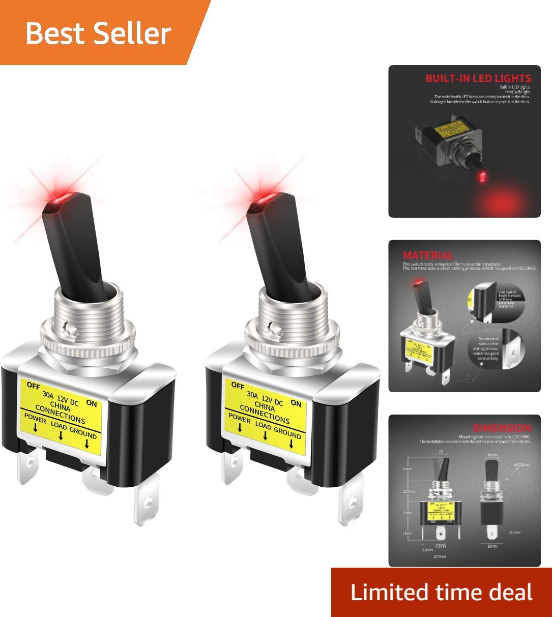 2-Pack 30 Amp Heavy Duty 12V Lighted Toggle Switch with Red LED for Vehicles