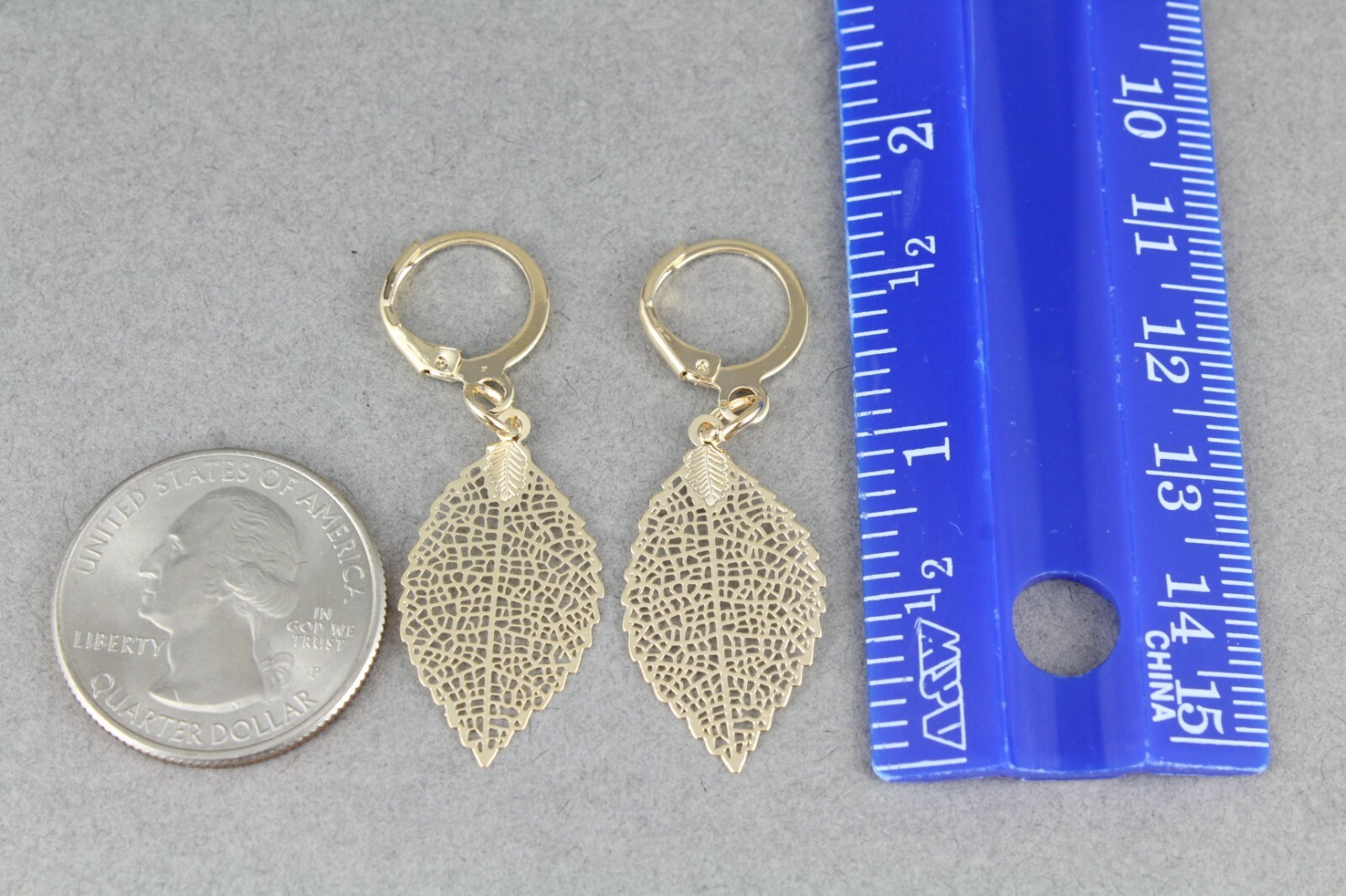gold leaf earrings small filigree leaves dangle 1.75" long leverback lightweight