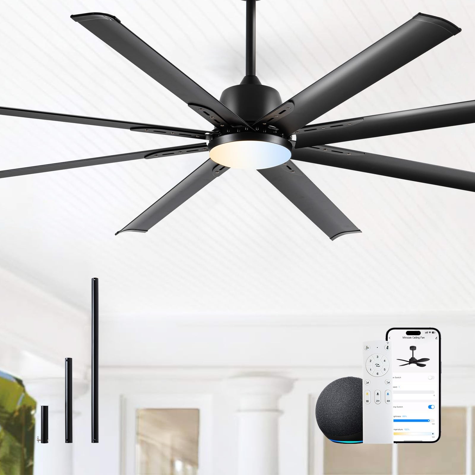 72 lnch lndustrial Smart Celing Fan with Light and Remote Control via WIFI Al...