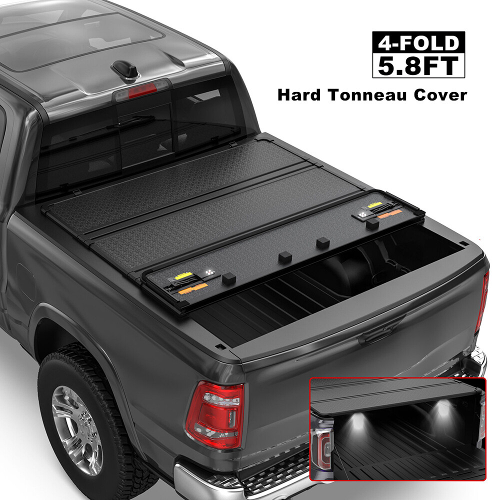5.7/5.8FT 4-Fold Hard Tonneau Cover For 2009-2026 Ram 1500 Truck Bed w/ LED Lamp