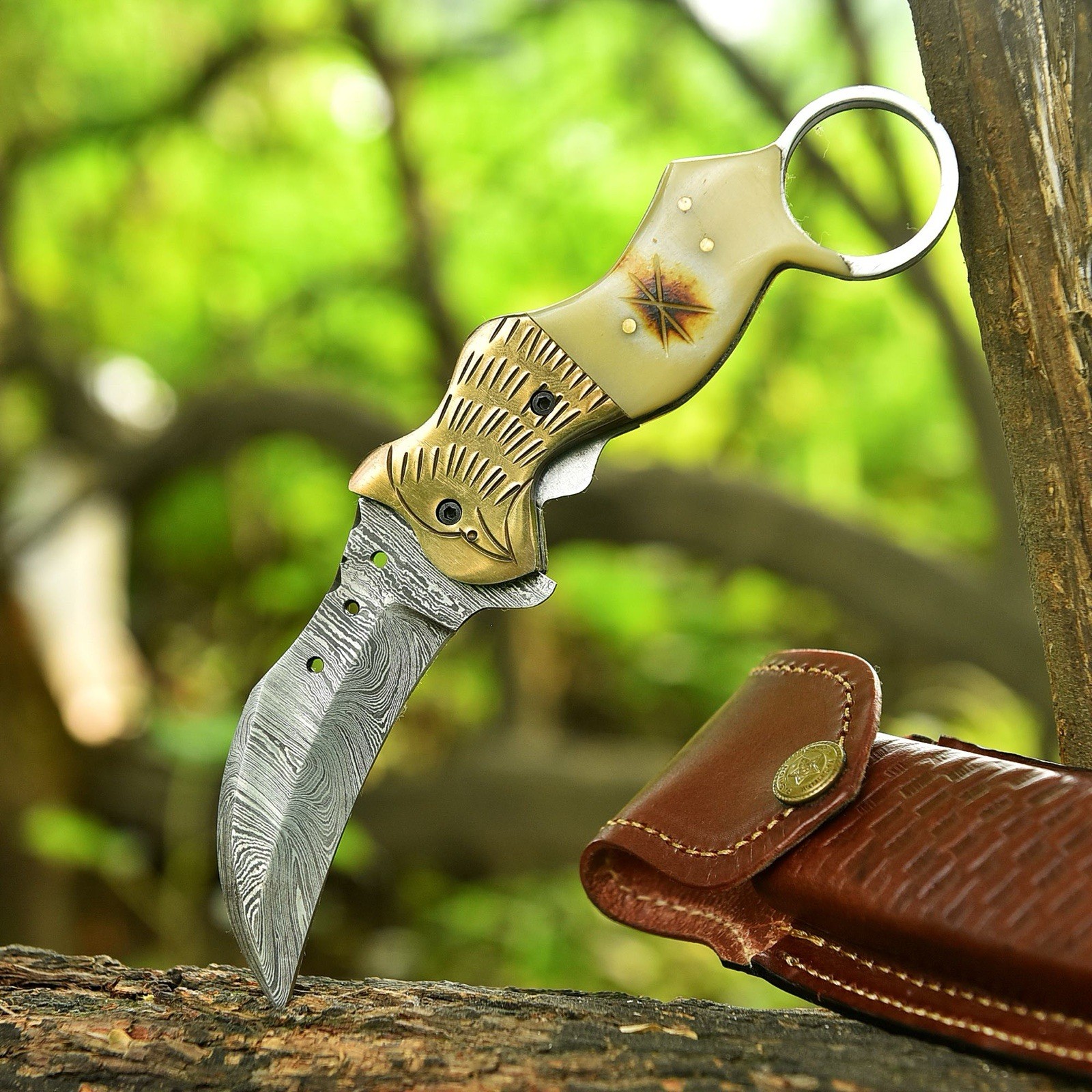 Damascus Folding Karambit Blade Pocket Knife Case -Original Camel Bone Handle