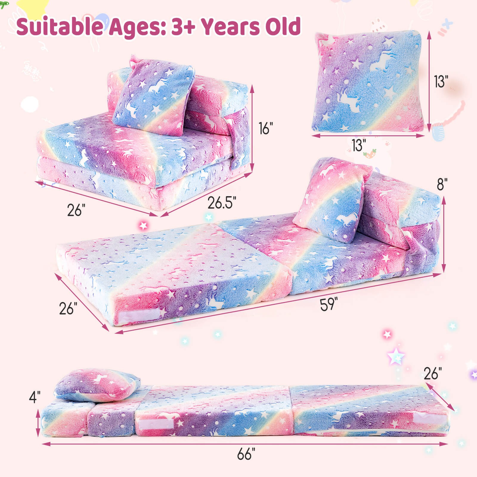 Kids Folding Sofa Bed Floor Mattress w/ Throw Pillow & Machine Washable Cover