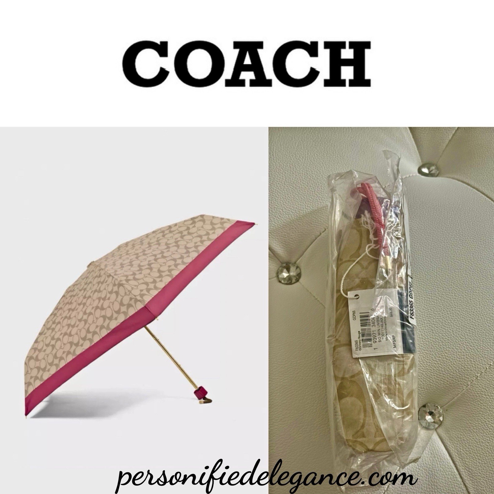 NEW Coach Signature Print Ivory Rouge Pink Multi UV Protection Mini Umbrella