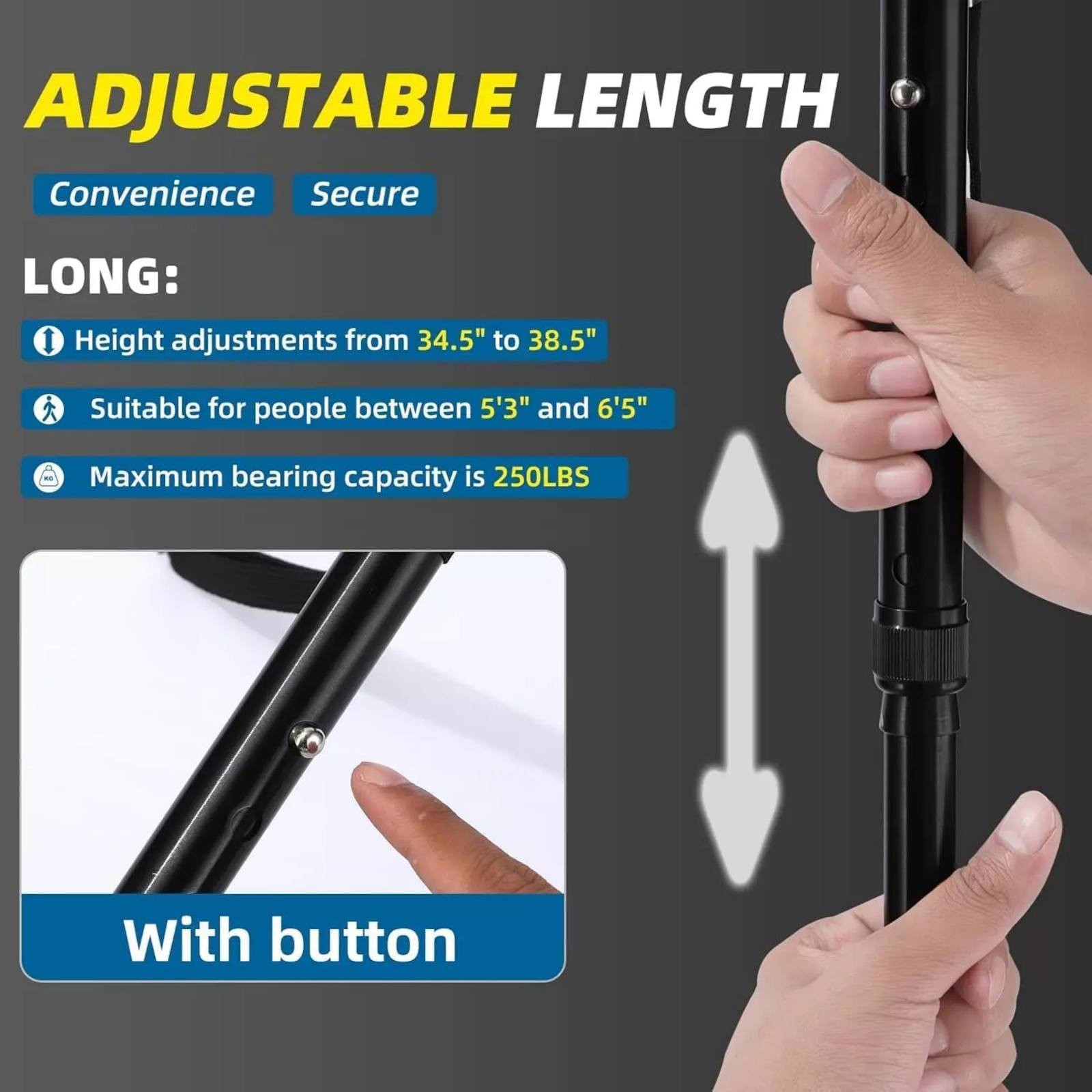 Portable Height-adjustable Walking Cane W/Side Handle Support 250lbs Capacity