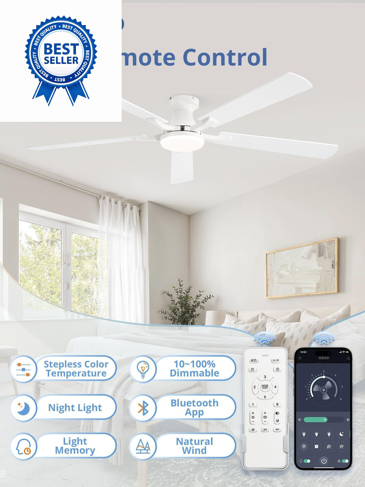 ZMISHIBO 60 Inch Ceiling Fan with Light, App&Remote Control, 60 Inch, White