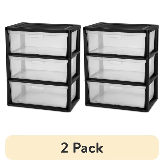 (2 pack) Sterilite Wide 3 Drawer Tower, Plastic Storage Organizer Black