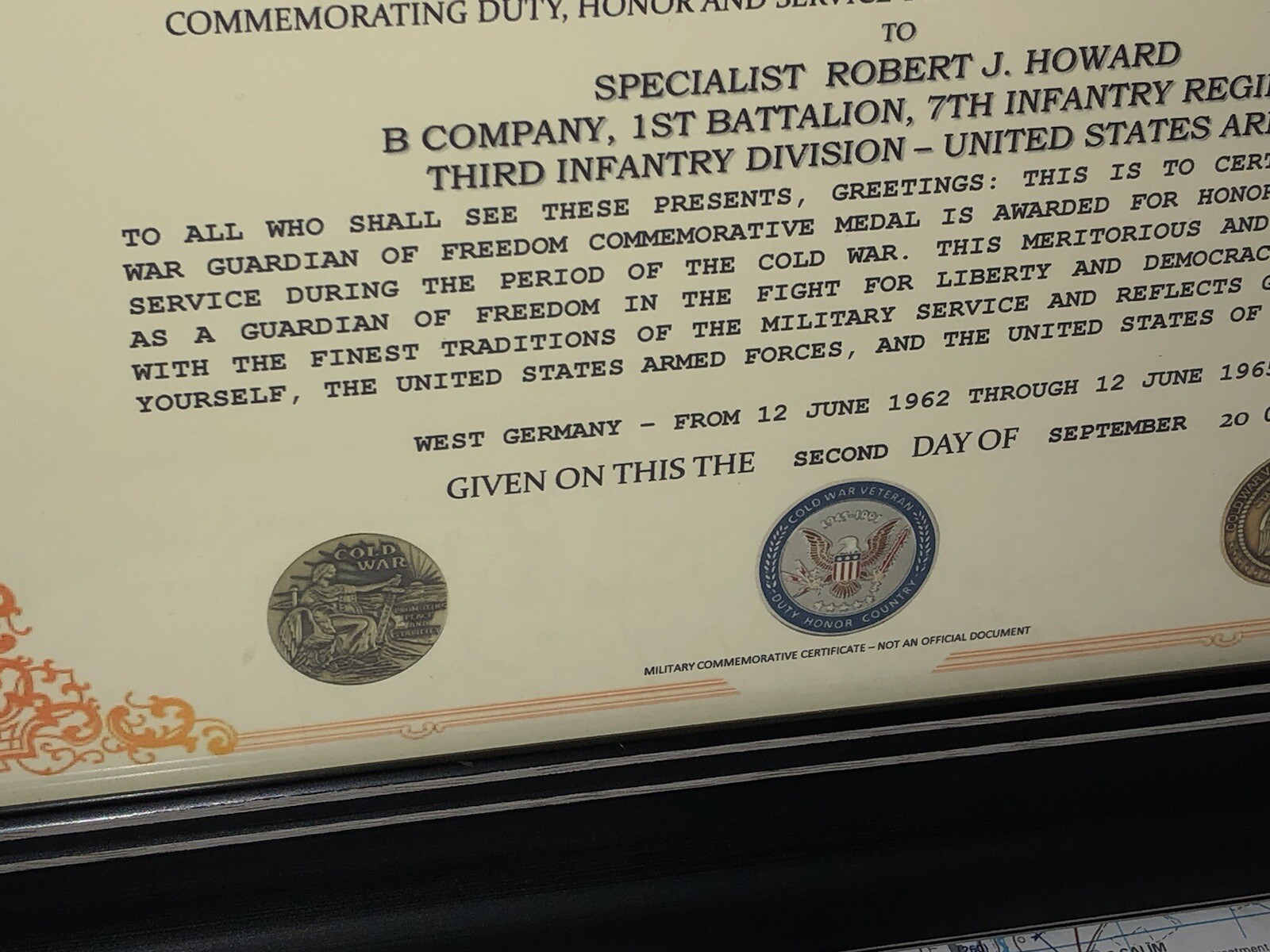 COLD WAR - GUARDIAN OF FREEDOM COMMEMORATIVE MEDAL CERTIFICATE ~Type 1