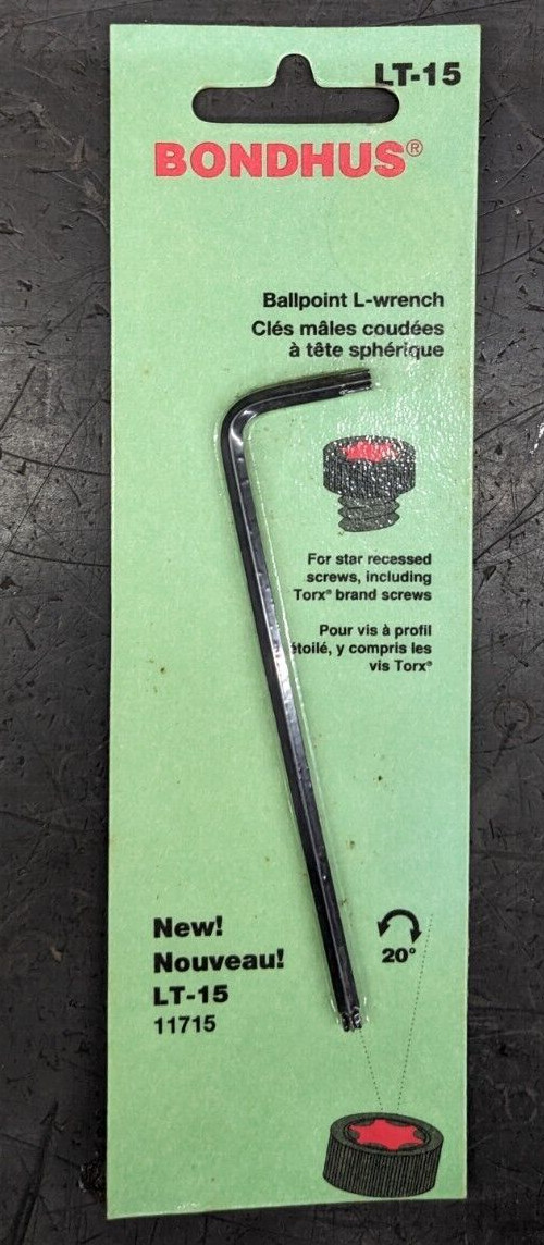 Bondhus LT-15 Ballpoint L-Wrench 11715 for Star Recessed Screws T15 NEW USA