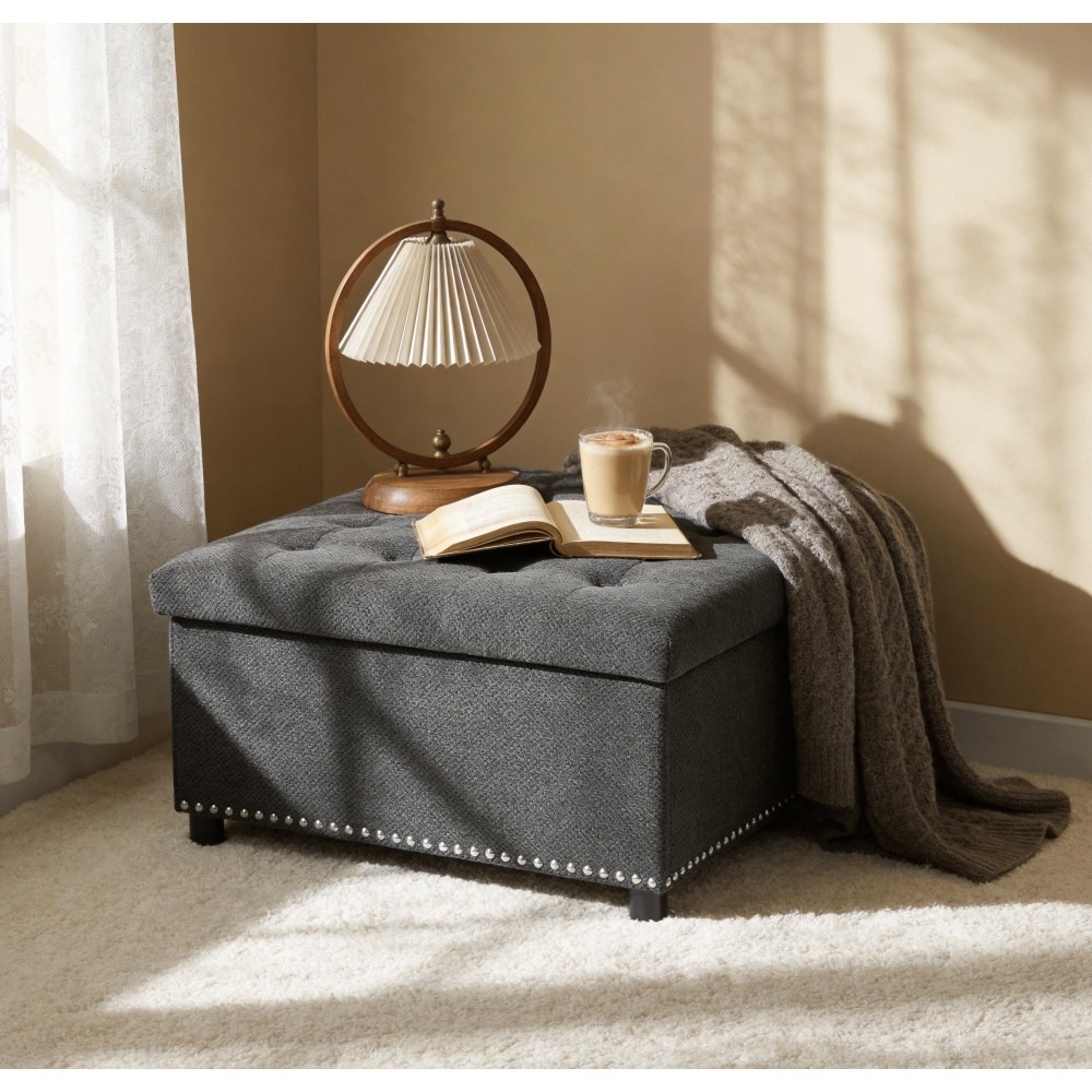 Square Tufted Storage Ottoman w/ Tray Top, Hidden Storage Footstool, Dark Grey