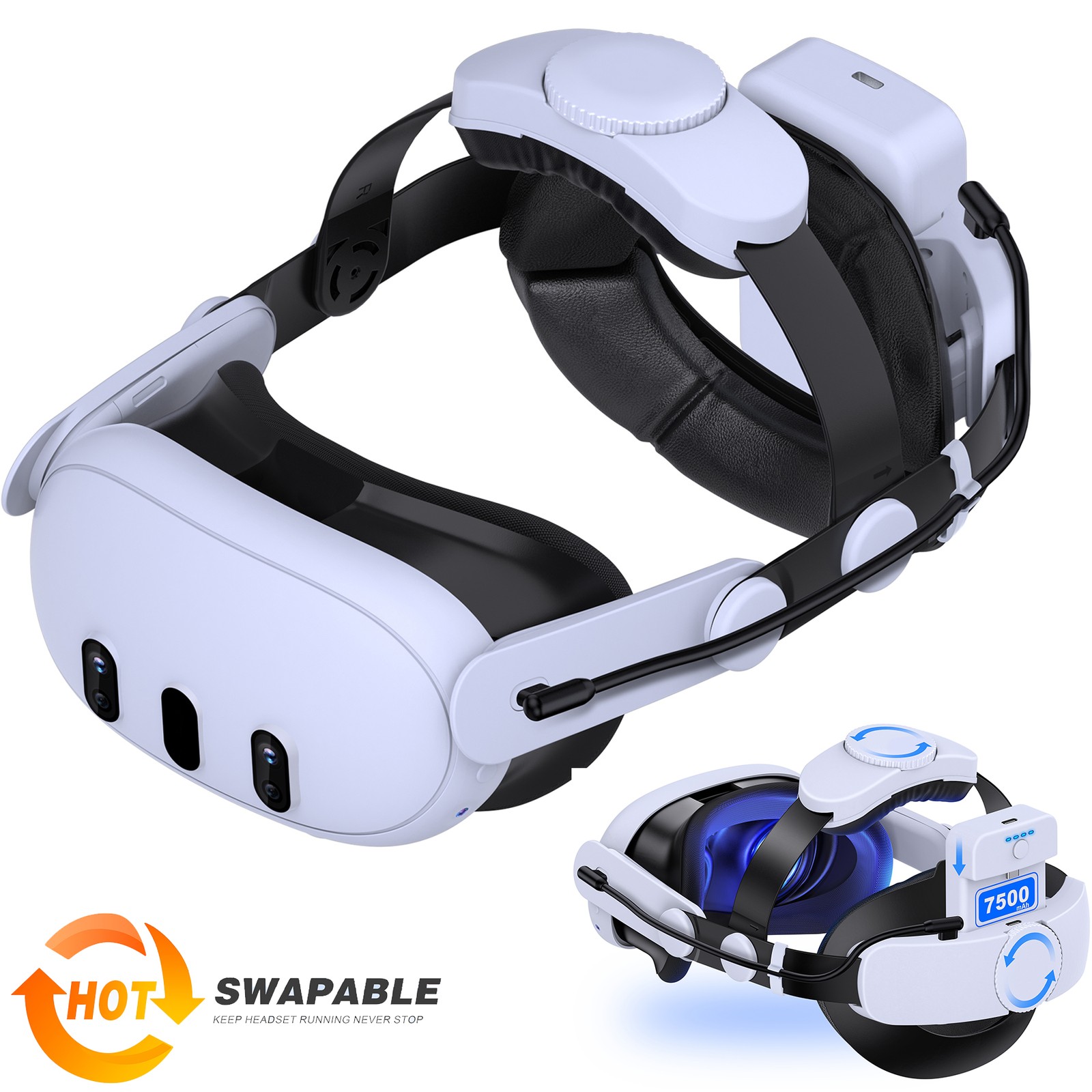 7500mAh Battery Hot-Swappable VR Head Strap for Meta Quest 3S/Quest 3/Quest 2