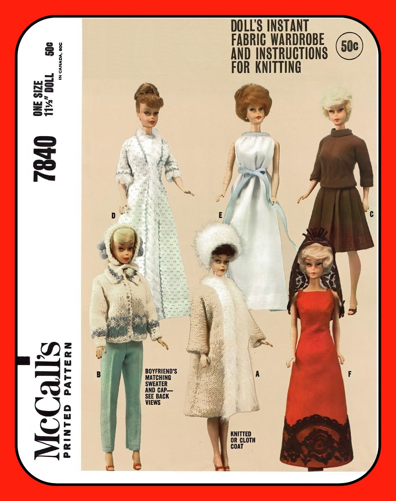 11½" Doll Clothes Bridal Gown Pattern McCall's 7840 Vtg 1965 Sewing & Knitting