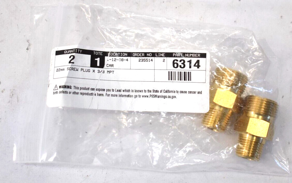 Lot of 2 Screw Plugs 22mm x 3/8" MPT 6314 Hardware Brass Replacements Kit
