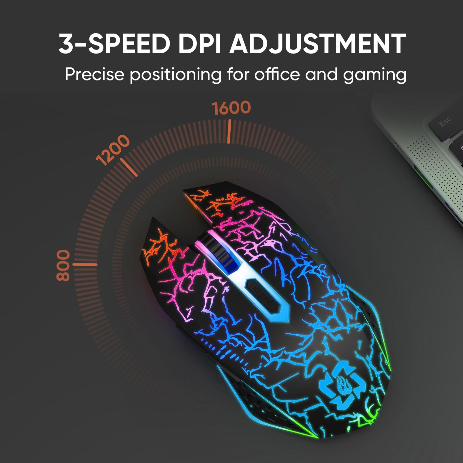 MELOGAGA Bluetooth Wireless Gaming Mouse, 2.4G Cordless RGB Black