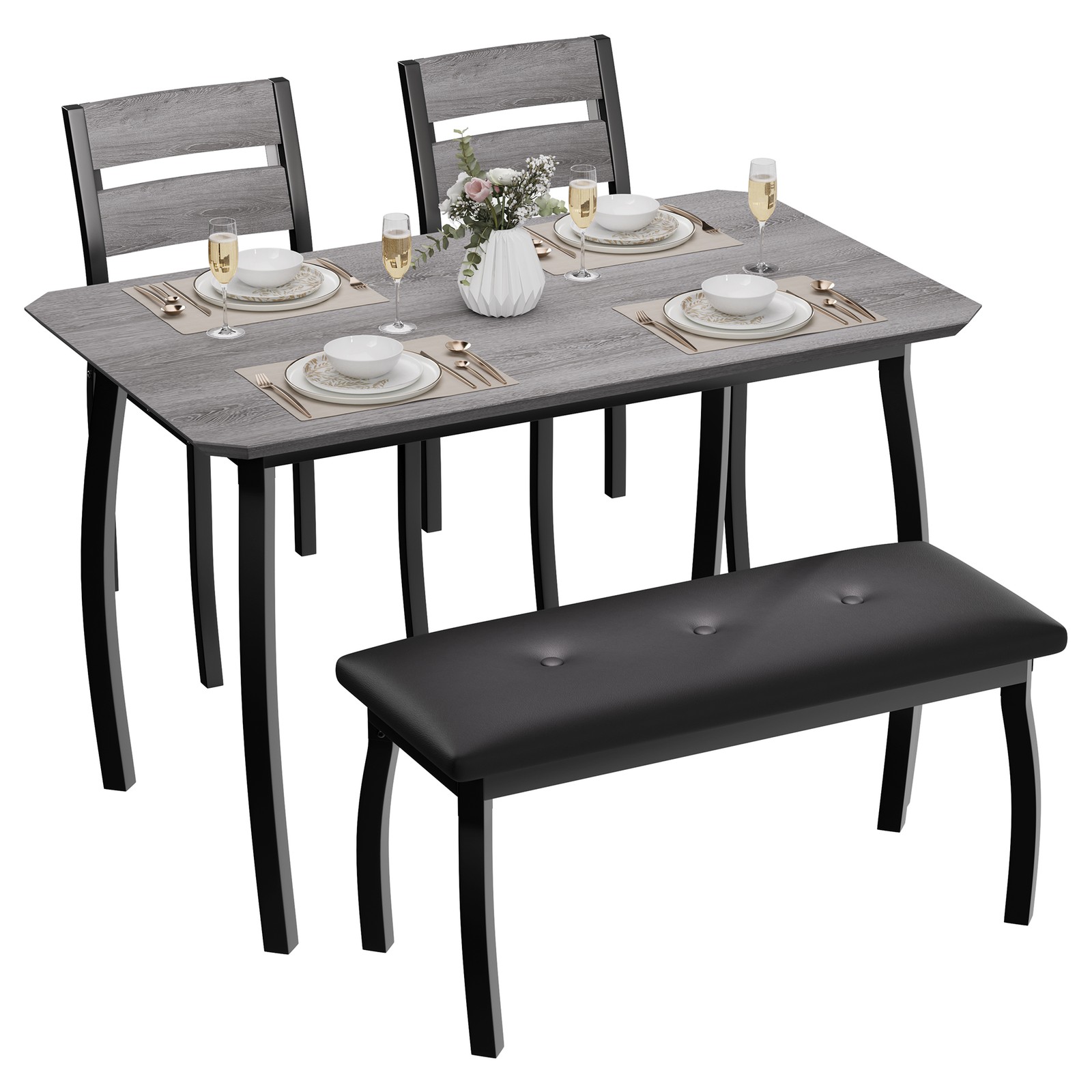 Kitchen Table And Chairs Set For 4, Grey Dining Table With Bench And 2 Chairs
