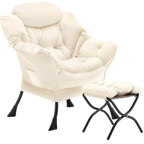 Lazy Chair with Folding Ottoman, Accent Chair Velvet Upholstered with Beige-f