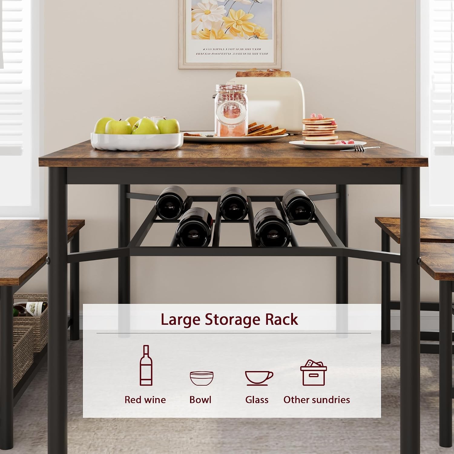 Dining Table Set 4 Kitchen Table & Chairs 4 W/ Wine Rack Rectangular Dining Room