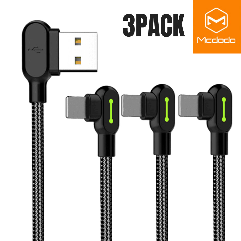 3 Pack Mcdodo 90 Degree Right Angle USB Charger Cable 6Ft For Apple iPhone iPad